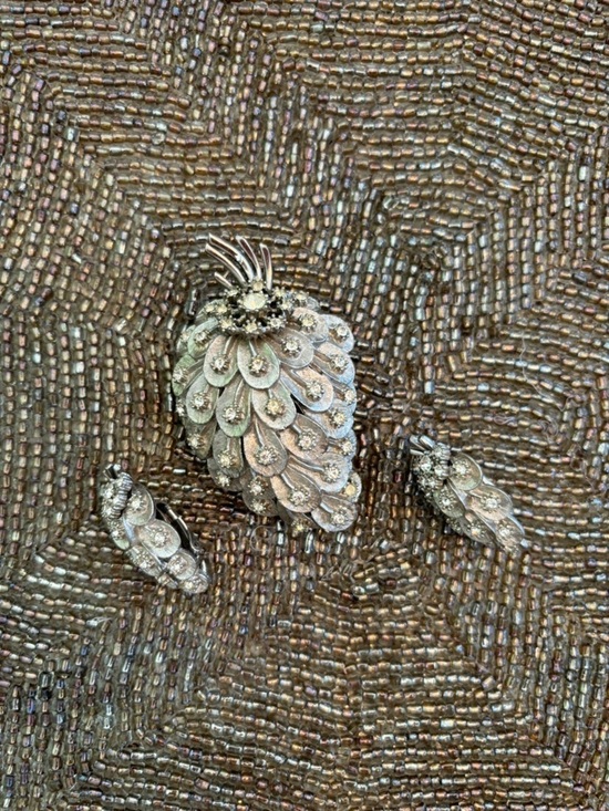 Jewelry - Vintage Crystal Pinecone Brooch and Clip-On Earrings - Silver Tone